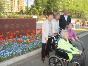 入り口では真っ青なネモフィラの絨毯にオレンジのチューリップが沢山さいていました。お互いを引き立てる色のお花たちの前で記念撮影をしました～